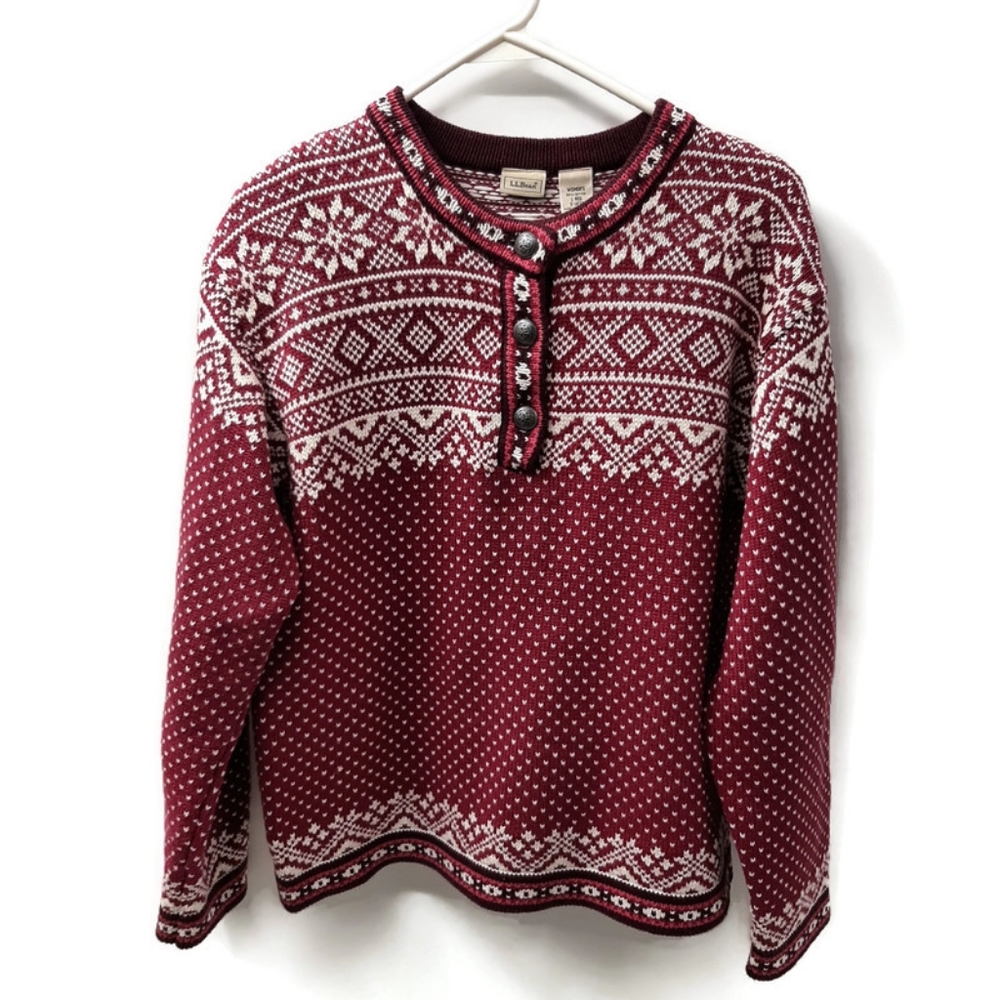 L.L. Bean Women's Red and White Nordic Fair Isle Sweater
